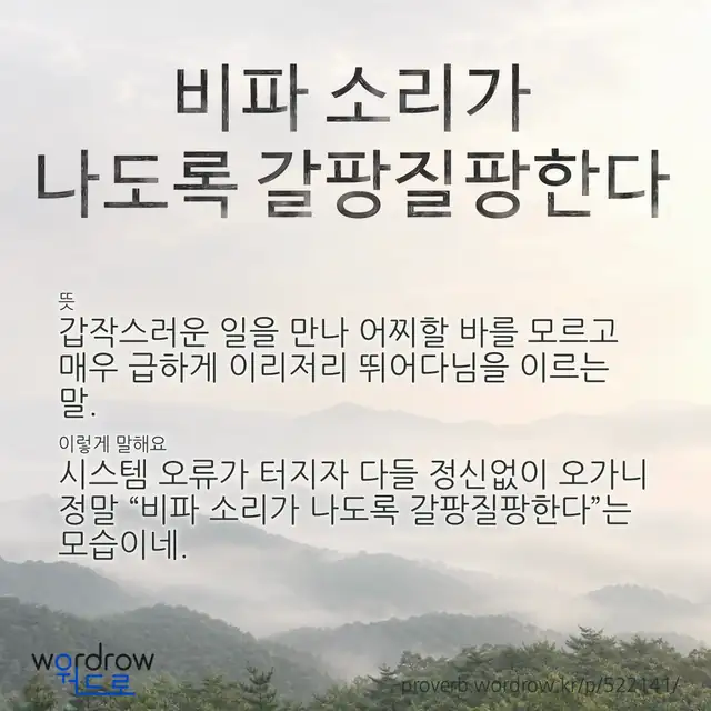 “비파 소리가 나도록 갈팡질팡한다” 글씨와 뜻·예문이 완성된 속담 영상 포스터