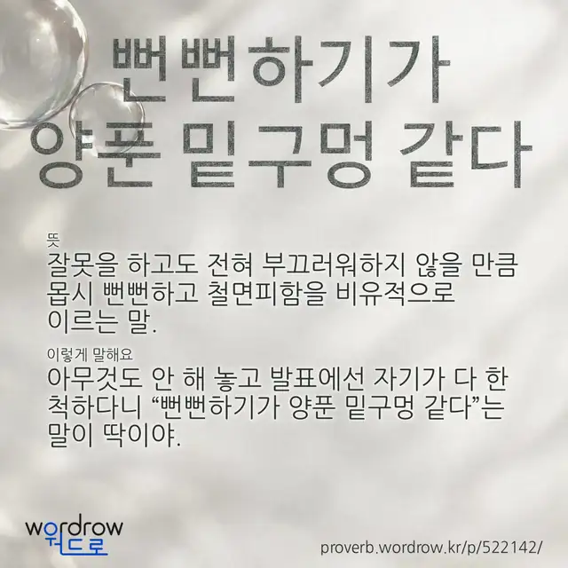 “뻔뻔하기가 양푼 밑구멍 같다” 글씨와 뜻·예문이 완성된 속담 영상 포스터