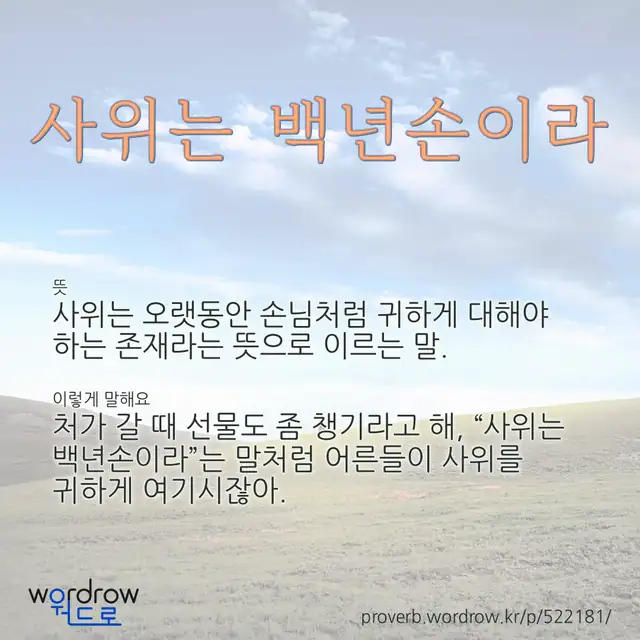 “사위는 백년손이라” 글씨와 뜻·예문이 완성된 속담 영상 포스터