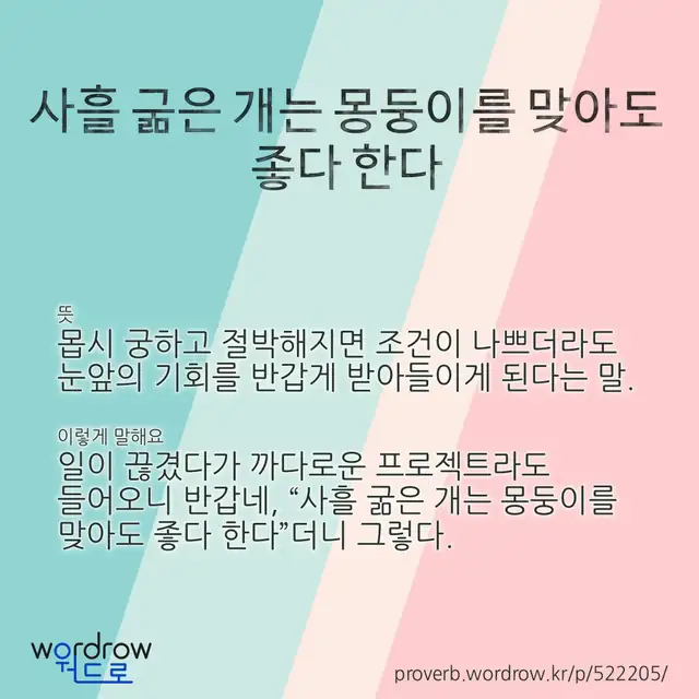“사흘 굶은 개는 몽둥이를 맞아도 좋다 한다” 글씨와 뜻·예문이 완성된 속담 영상 포스터