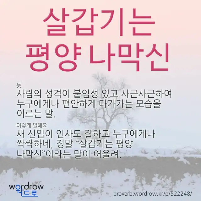 “살갑기는 평양 나막신” 글씨와 뜻·예문이 완성된 속담 영상 포스터