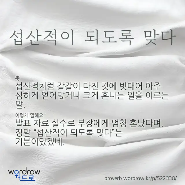 “섭산적이 되도록 맞다” 글씨와 뜻·예문이 완성된 속담 영상 포스터