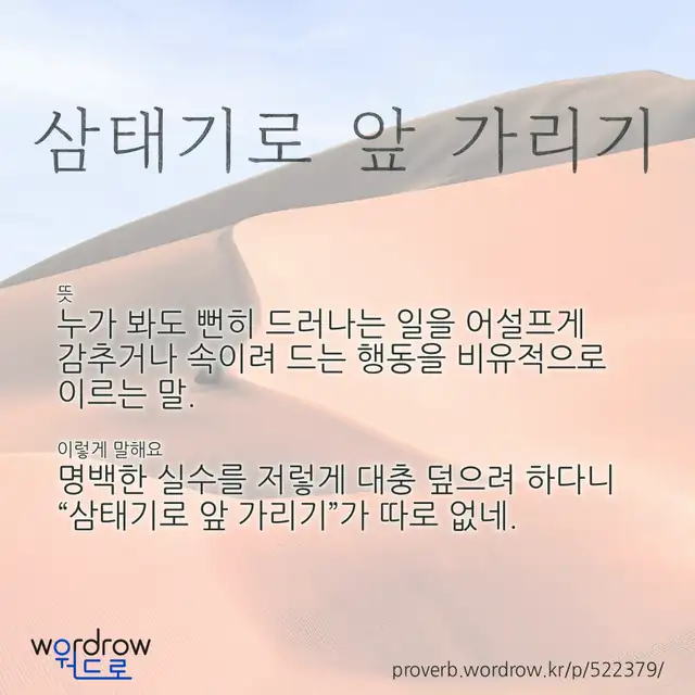 “삼태기로 앞 가리기” 글씨와 뜻·예문이 완성된 속담 영상 포스터
