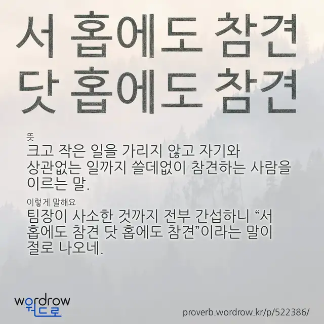“서 홉에도 참견 닷 홉에도 참견” 글씨와 뜻·예문이 완성된 속담 영상 포스터