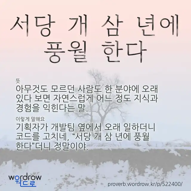 “서당 개 삼 년에 풍월 한다” 글씨와 뜻·예문이 완성된 속담 영상 포스터