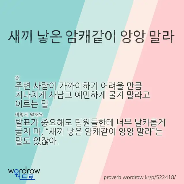 “새끼 낳은 암캐같이 앙앙 말라” 글씨와 뜻·예문이 완성된 속담 영상 포스터