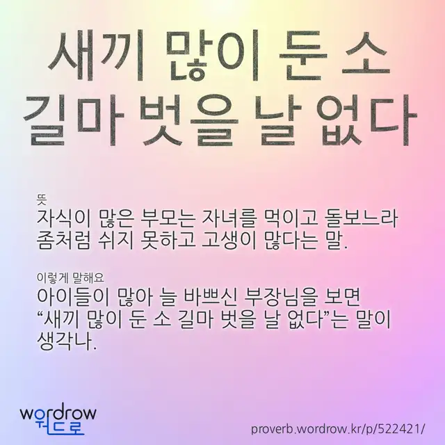 “새끼 많이 둔 소 길마 벗을 날 없다” 글씨와 뜻·예문이 완성된 속담 영상 포스터