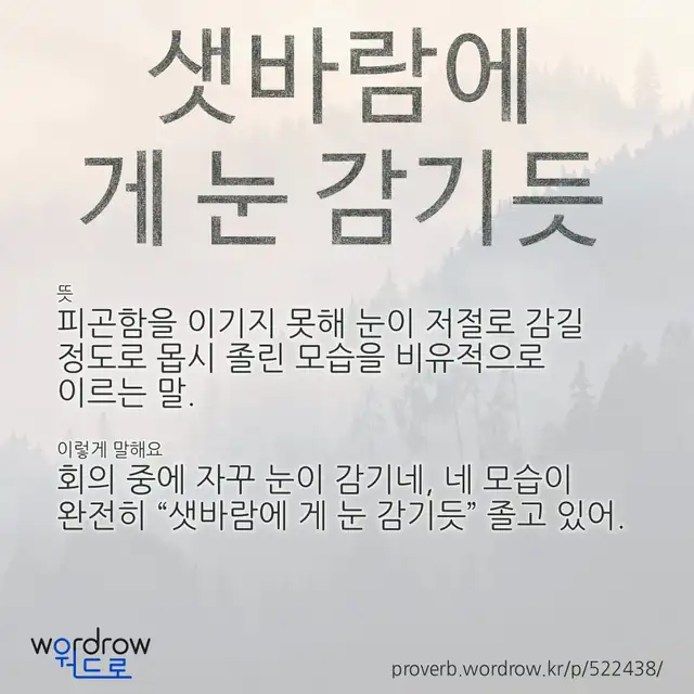 “샛바람에 게 눈 감기듯” 글씨와 뜻·예문이 완성된 속담 영상 포스터