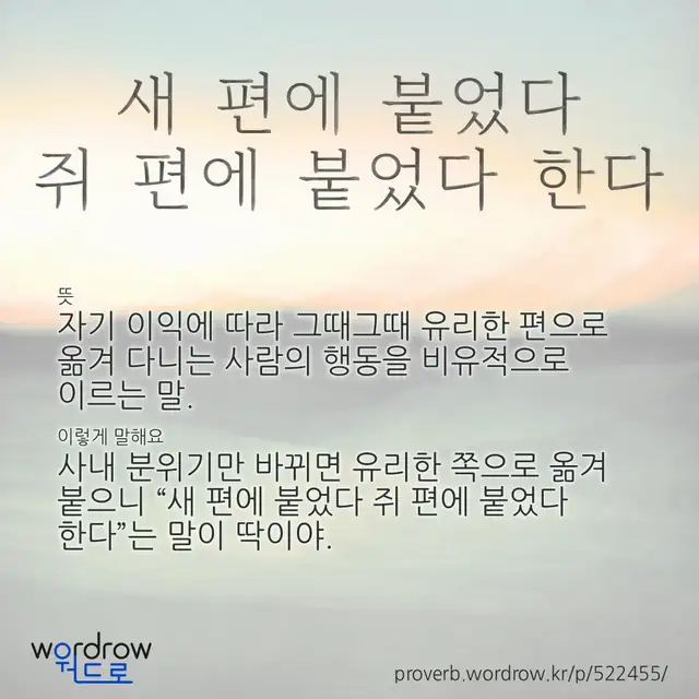 “새 편에 붙었다 쥐 편에 붙었다 한다” 글씨와 뜻·예문이 완성된 속담 영상 포스터