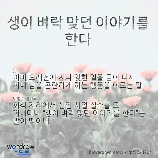 “생이 벼락 맞던 이야기를 한다” 글씨와 뜻·예문이 완성된 속담 영상 포스터