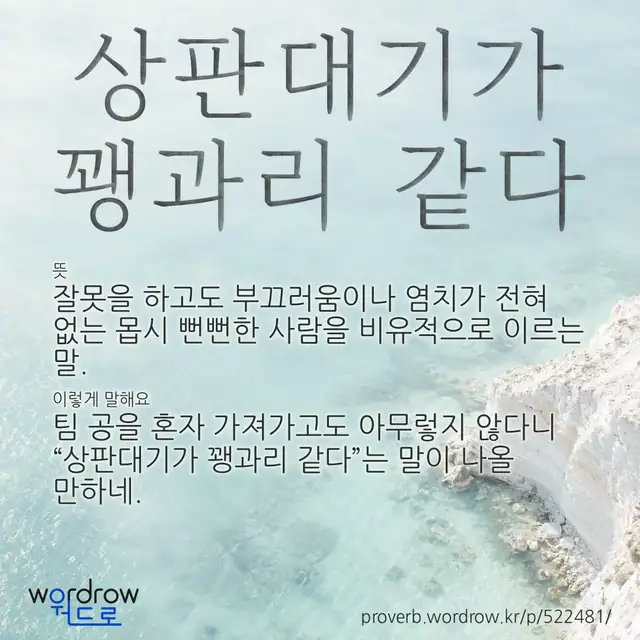 “상판대기가 꽹과리 같다” 글씨와 뜻·예문이 완성된 속담 영상 포스터