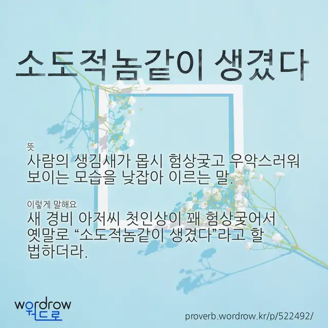 “소도적놈같이 생겼다” 글씨와 뜻·예문이 완성된 속담 영상 포스터