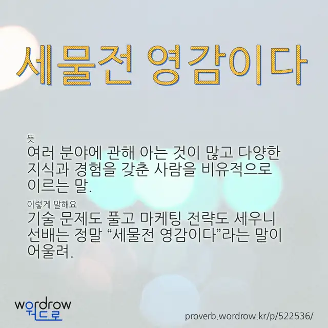 “세물전 영감이다” 글씨와 뜻·예문이 완성된 속담 영상 포스터