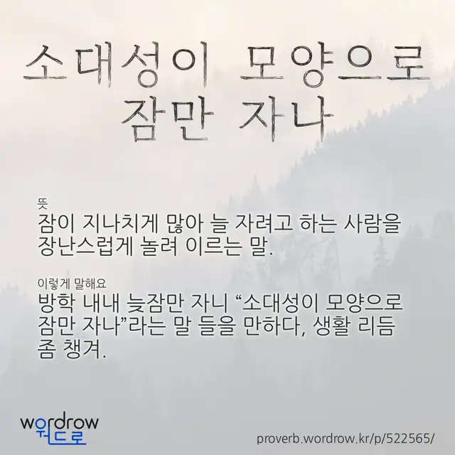 “소대성이 모양으로 잠만 자나” 글씨와 뜻·예문이 완성된 속담 영상 포스터