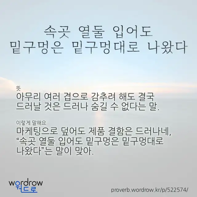 “속곳 열둘 입어도 밑구멍은 밑구멍대로 나왔다” 글씨와 뜻·예문이 완성된 속담 영상 포스터