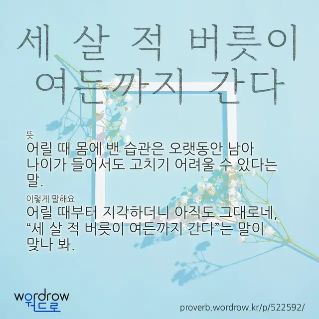 “세 살 적 버릇이 여든까지 간다” 글씨와 뜻·예문이 완성된 속담 영상 포스터