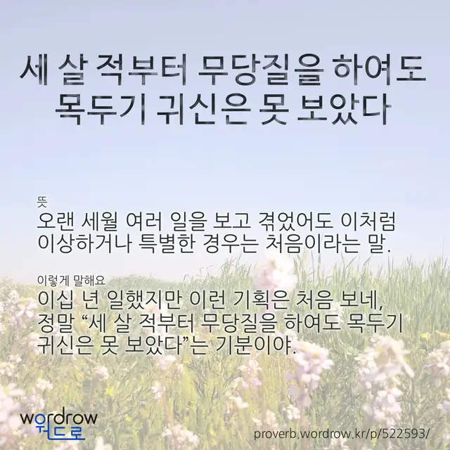 “세 살 적부터 무당질을 하여도 목두기 귀신은 못 보았다” 글씨와 뜻·예문이 완성된 속담 영상 포스터