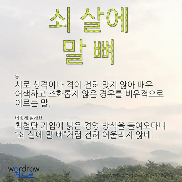 “쇠 살에 말 뼈” 글씨와 뜻·예문이 완성된 속담 영상 포스터