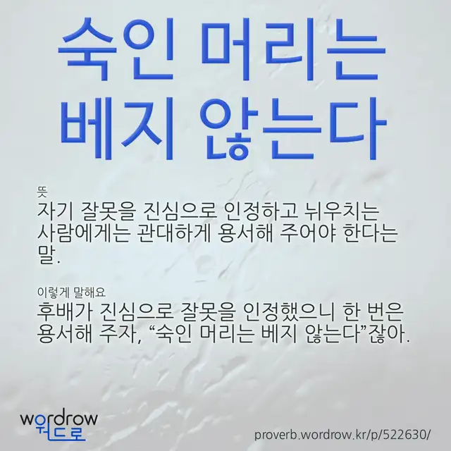 “숙인 머리는 베지 않는다” 글씨와 뜻·예문이 완성된 속담 영상 포스터