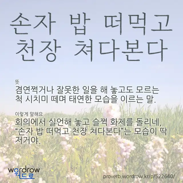 “손자 밥 떠먹고 천장 쳐다본다” 글씨와 뜻·예문이 완성된 속담 영상 포스터
