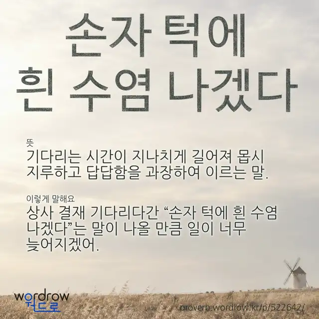 “손자 턱에 흰 수염 나겠다” 글씨와 뜻·예문이 완성된 속담 영상 포스터