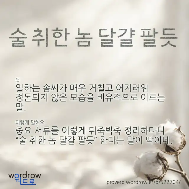 “술 취한 놈 달걀 팔듯” 글씨와 뜻·예문이 완성된 속담 영상 포스터
