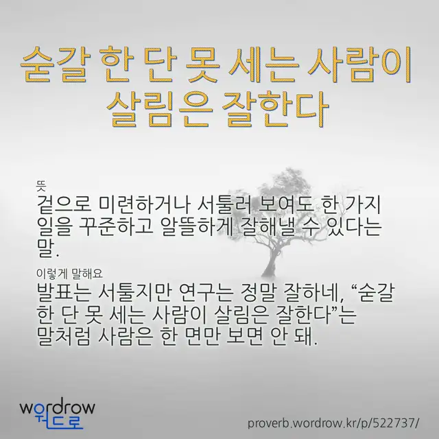 “숟갈 한 단 못 세는 사람이 살림은 잘한다” 글씨와 뜻·예문이 완성된 속담 영상 포스터