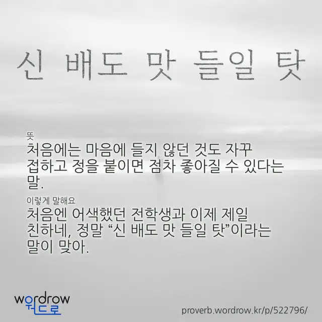 “신 배도 맛 들일 탓” 글씨와 뜻·예문이 완성된 속담 영상 포스터