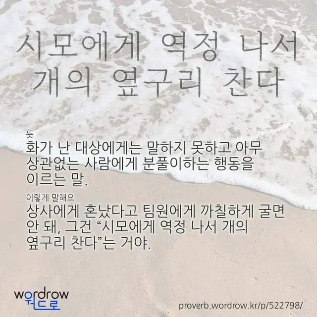 “시모에게 역정 나서 개의 옆구리 찬다” 글씨와 뜻·예문이 완성된 속담 영상 포스터