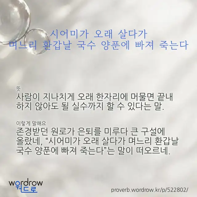 “시어미가 오래 살다가 며느리 환갑날 국수 양푼에 빠져 죽는다” 글씨와 뜻·예문이 완성된 속담 영상 포스터