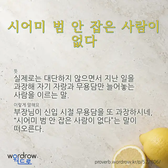 “시어미 범 안 잡은 사람이 없다” 글씨와 뜻·예문이 완성된 속담 영상 포스터