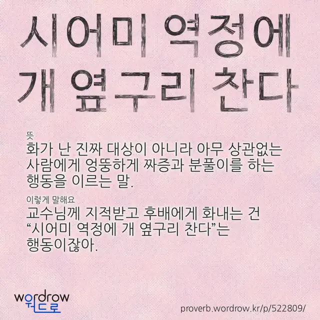 “시어미 역정에 개 옆구리 찬다” 글씨와 뜻·예문이 완성된 속담 영상 포스터