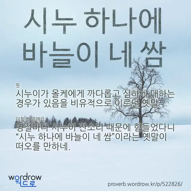 “시누 하나에 바늘이 네 쌈” 글씨와 뜻·예문이 완성된 속담 영상 포스터