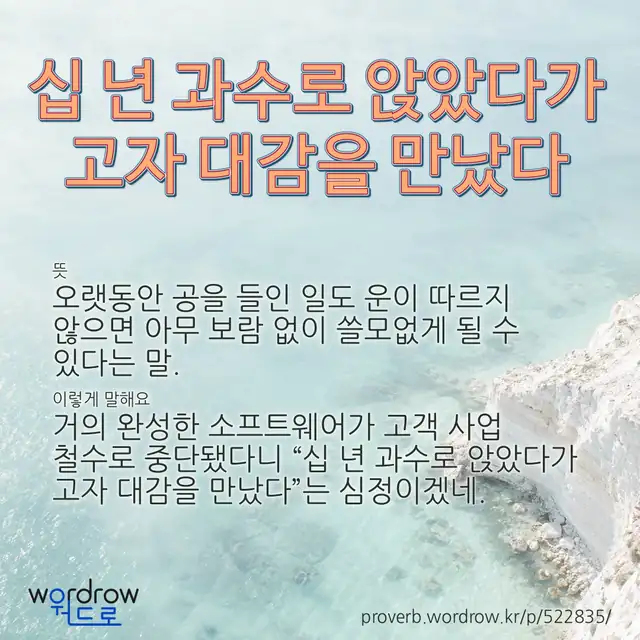 “십 년 과수로 앉았다가 고자 대감을 만났다” 글씨와 뜻·예문이 완성된 속담 영상 포스터