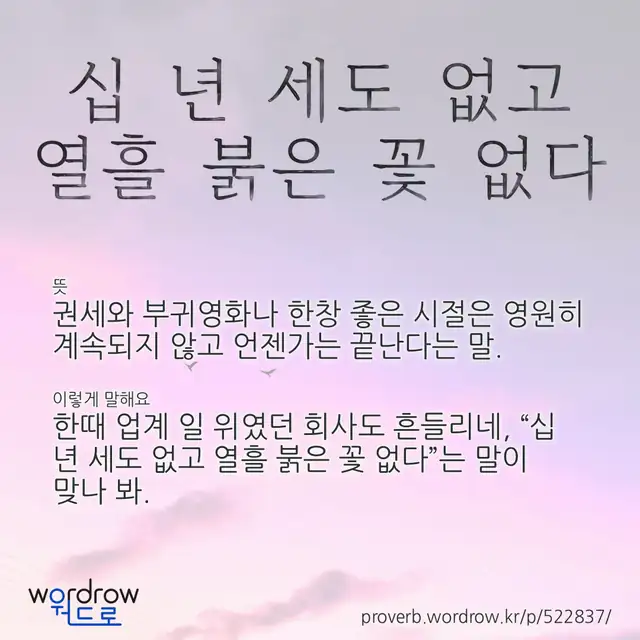 “십 년 세도 없고 열흘 붉은 꽃 없다” 글씨와 뜻·예문이 완성된 속담 영상 포스터