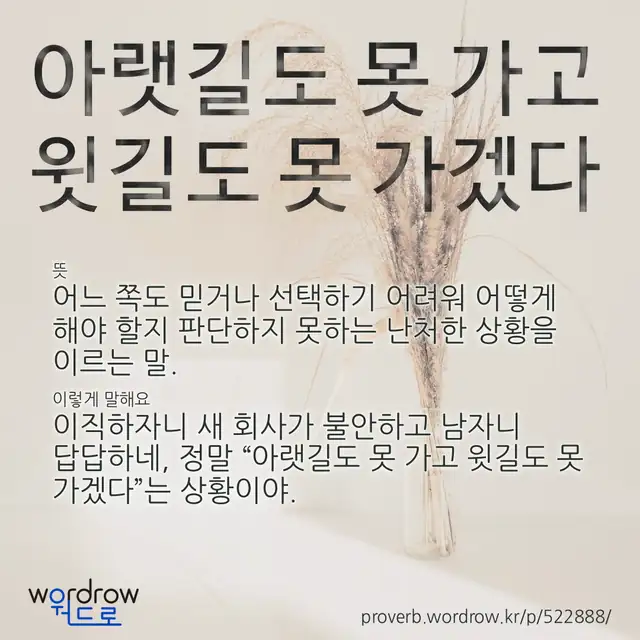 “아랫길도 못 가고 윗길도 못 가겠다” 글씨와 뜻·예문이 완성된 속담 영상 포스터