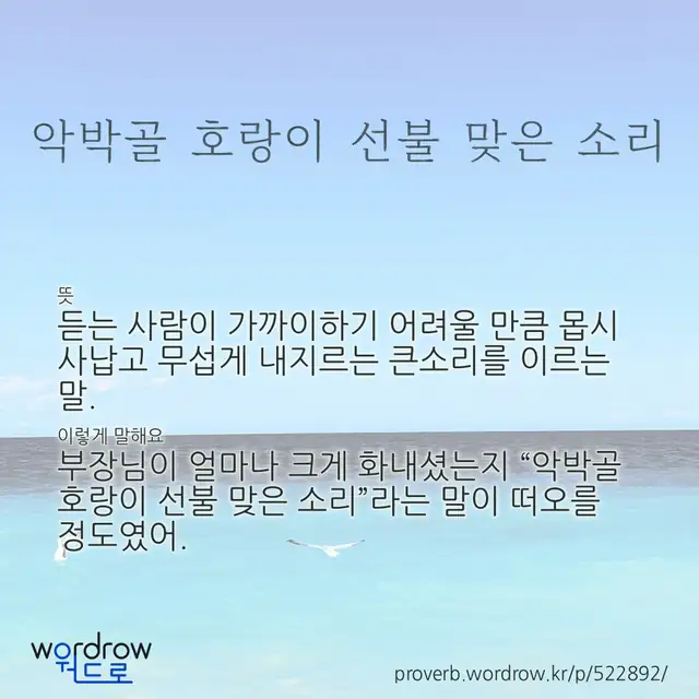 “악박골 호랑이 선불 맞은 소리” 글씨와 뜻·예문이 완성된 속담 영상 포스터