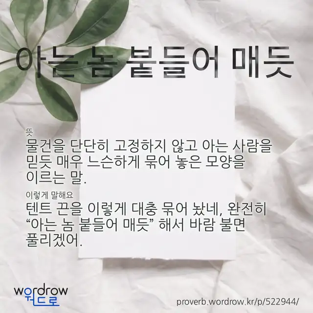 “아는 놈 붙들어 매듯” 글씨와 뜻·예문이 완성된 속담 영상 포스터