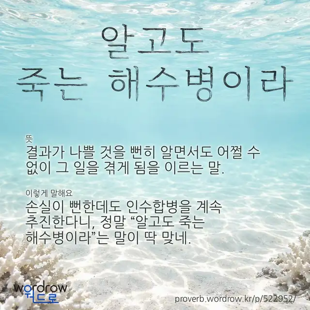 “알고도 죽는 해수병이라” 글씨와 뜻·예문이 완성된 속담 영상 포스터