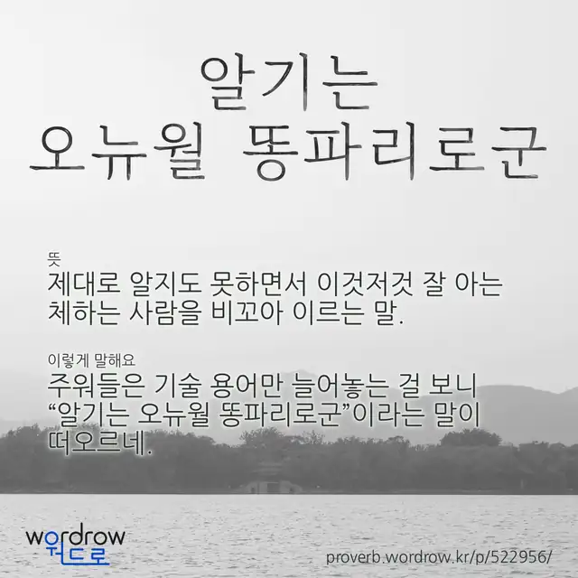 “알기는 오뉴월 똥파리로군” 글씨와 뜻·예문이 완성된 속담 영상 포스터