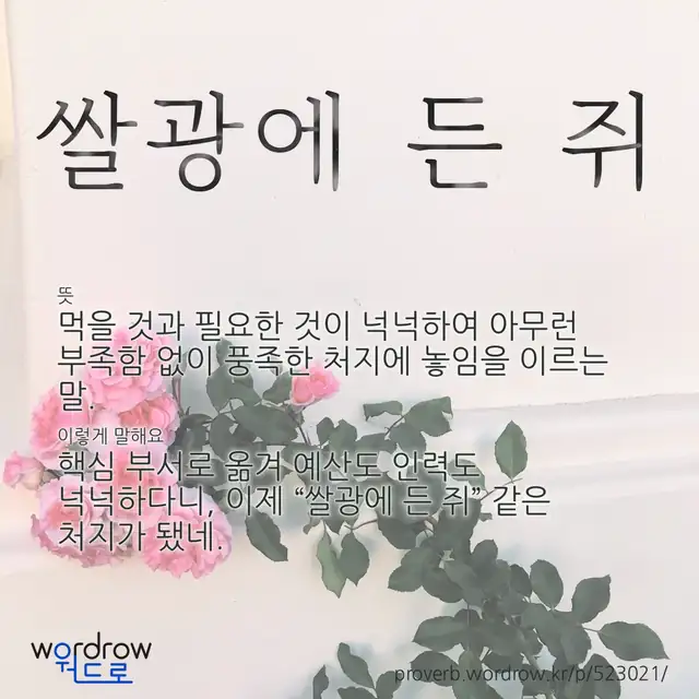 “쌀광에 든 쥐” 글씨와 뜻·예문이 완성된 속담 영상 포스터