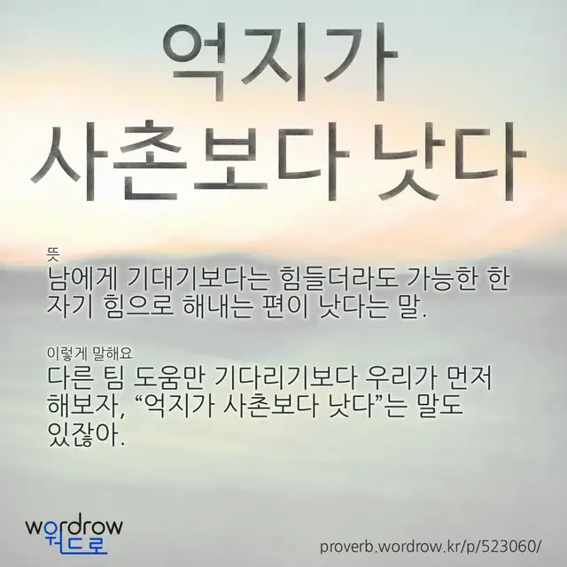 “억지가 사촌보다 낫다” 글씨와 뜻·예문이 완성된 속담 영상 포스터