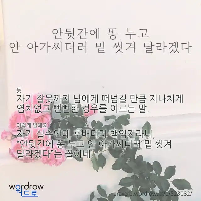 “안뒷간에 똥 누고 안 아가씨더러 밑 씻겨 달라겠다” 글씨와 뜻·예문이 완성된 속담 영상 포스터