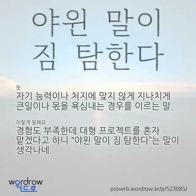 “야윈 말이 짐 탐한다” 글씨와 뜻·예문이 완성된 속담 영상 포스터
