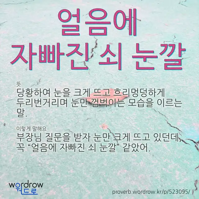 “얼음에 자빠진 쇠 눈깔” 글씨와 뜻·예문이 완성된 속담 영상 포스터