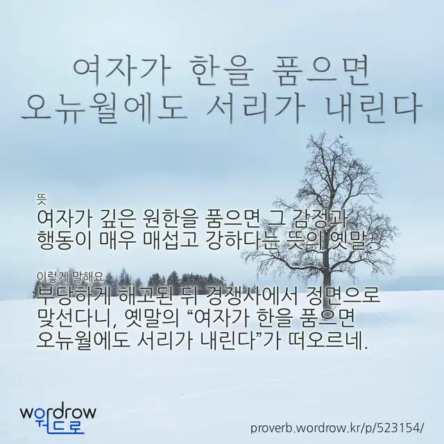 “여자가 한을 품으면 오뉴월에도 서리가 내린다” 글씨와 뜻·예문이 완성된 속담 영상 포스터