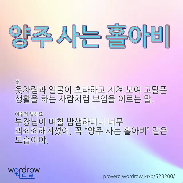 “양주 사는 홀아비” 글씨와 뜻·예문이 완성된 속담 영상 포스터
