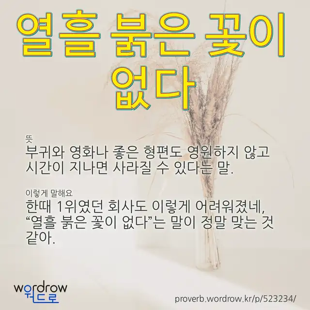“열흘 붉은 꽃이 없다” 글씨와 뜻·예문이 완성된 속담 영상 포스터
