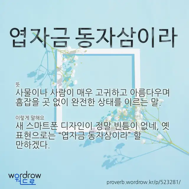 “엽자금 동자삼이라” 글씨와 뜻·예문이 완성된 속담 영상 포스터