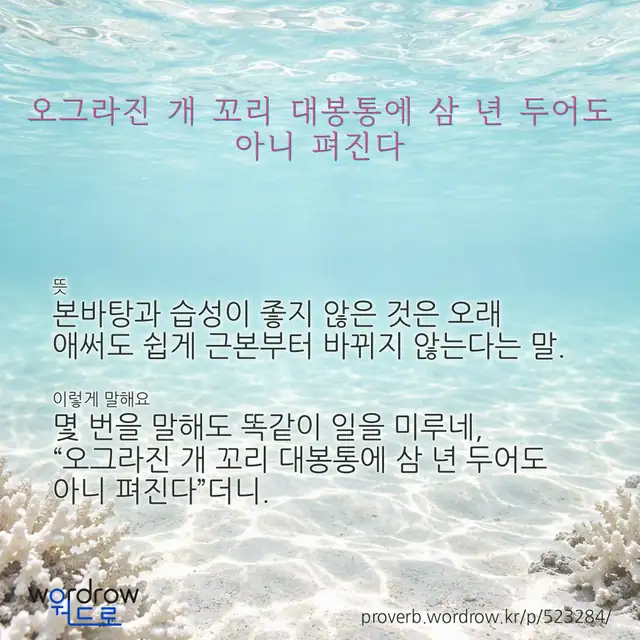 “오그라진 개 꼬리 대봉통에 삼 년 두어도 아니 펴진다” 글씨와 뜻·예문이 완성된 속담 영상 포스터
